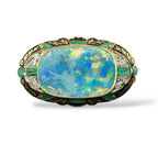 Antique 14K Yellow Gold Large Black Opal Brooch with Diamonds and Emeralds