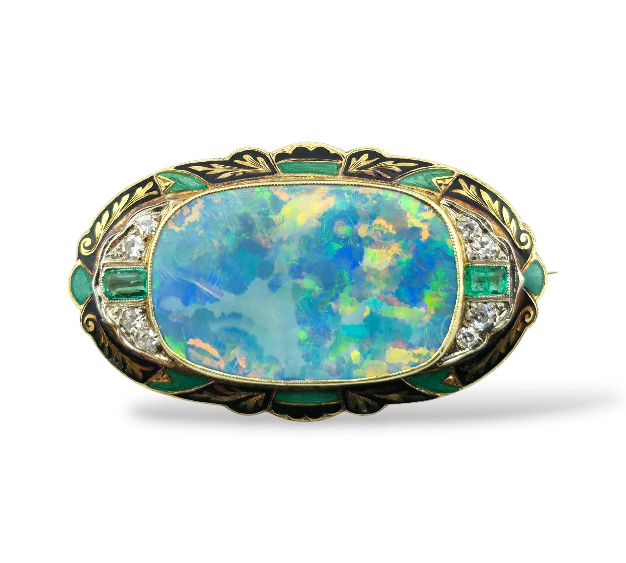 Antique 14K Yellow Gold Large Black Opal Brooch with Diamonds and Emeralds