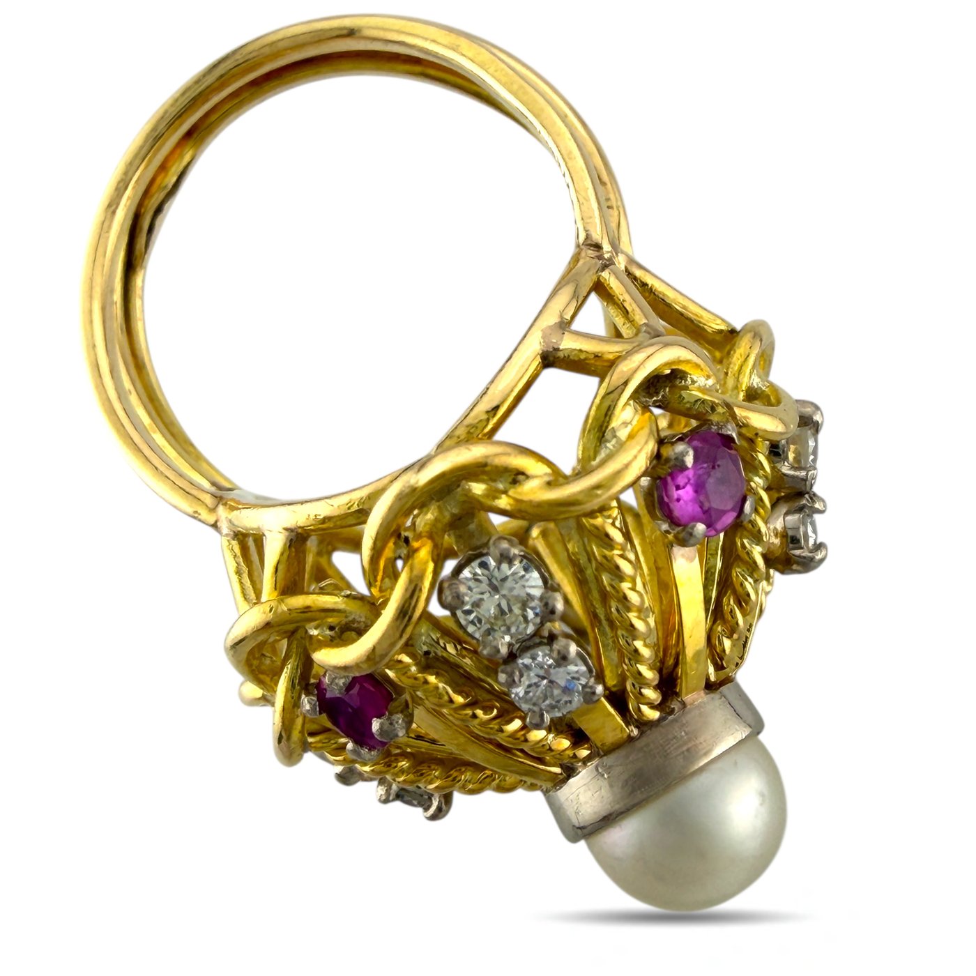 14K Yellow Gold Pearl, Ruby and Diamond Statement Dome Ring