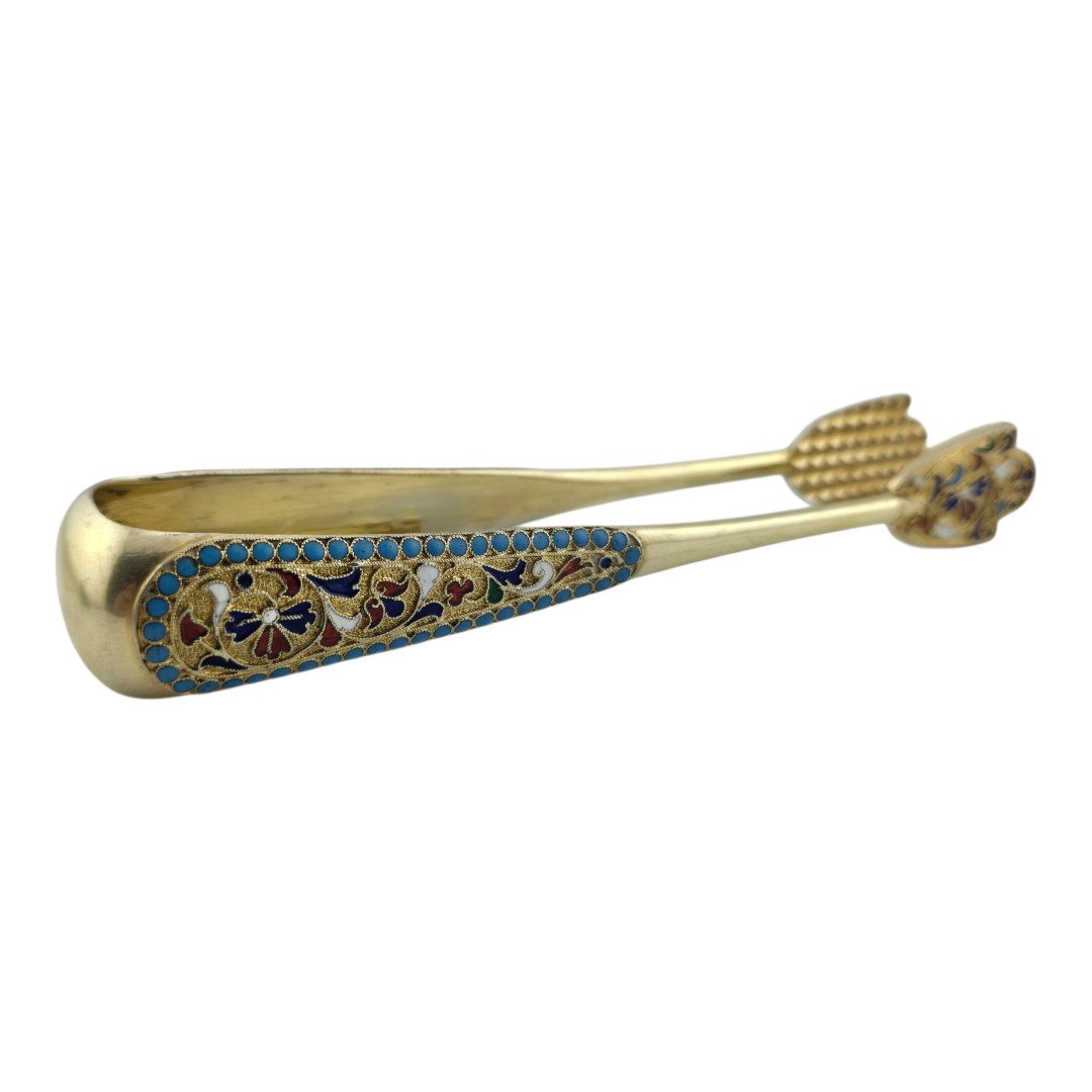 Imperial Russian 84 Silver and Enamel Sugar Tongs Circa 1900