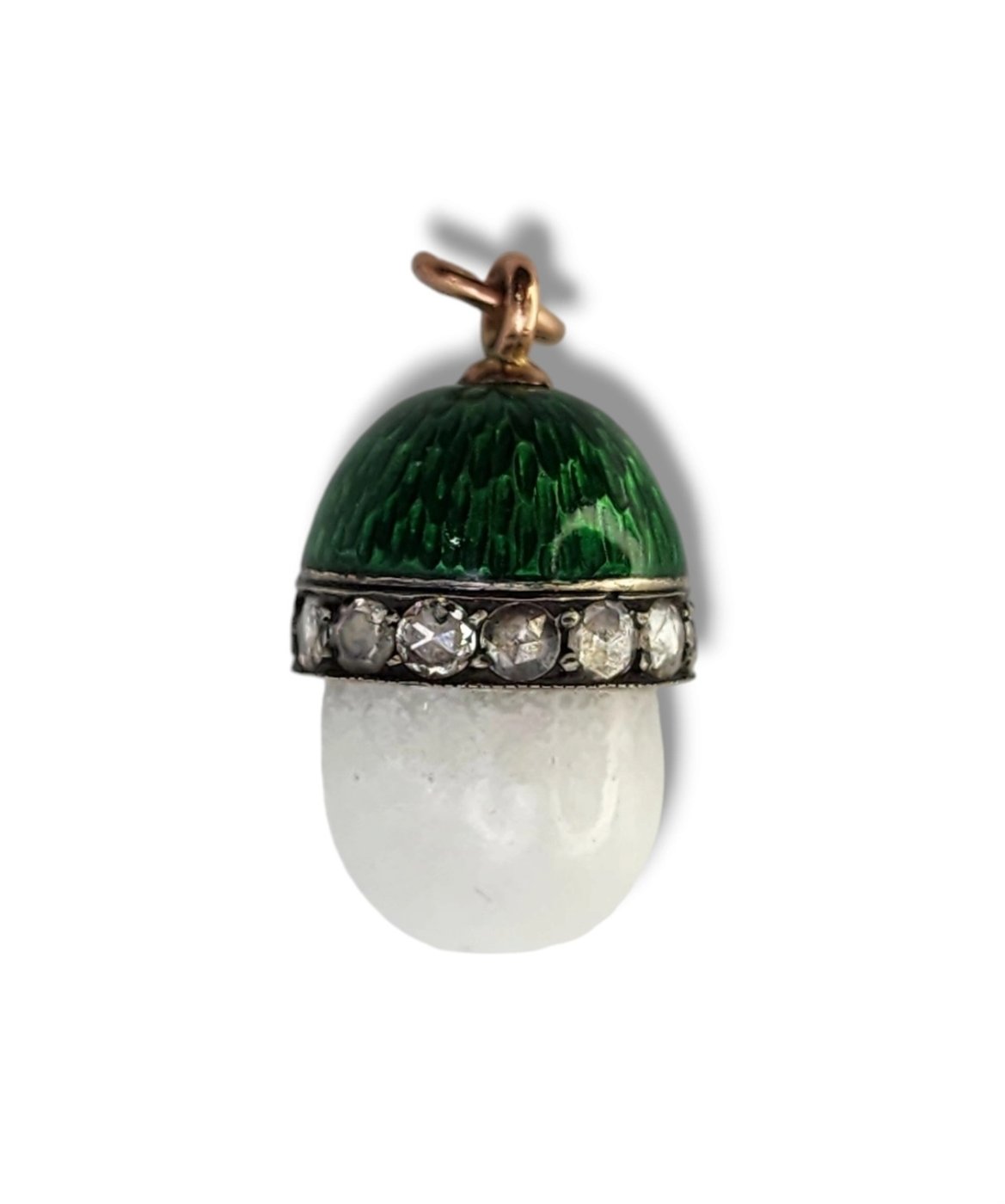 K. Faberge Imperial Russian 56k Gold Diamond and Green Enamel Egg Pendant