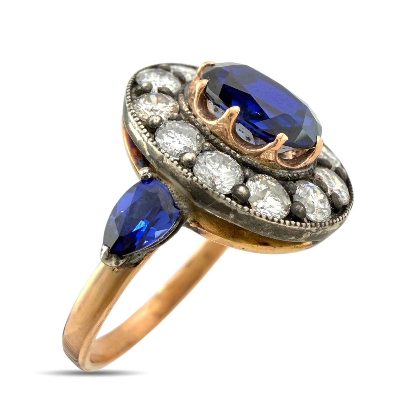 K. Faberge Imperial Russian 56K Rose Gold 1.00ct Diamond and 1.90ct Sapphire Ring