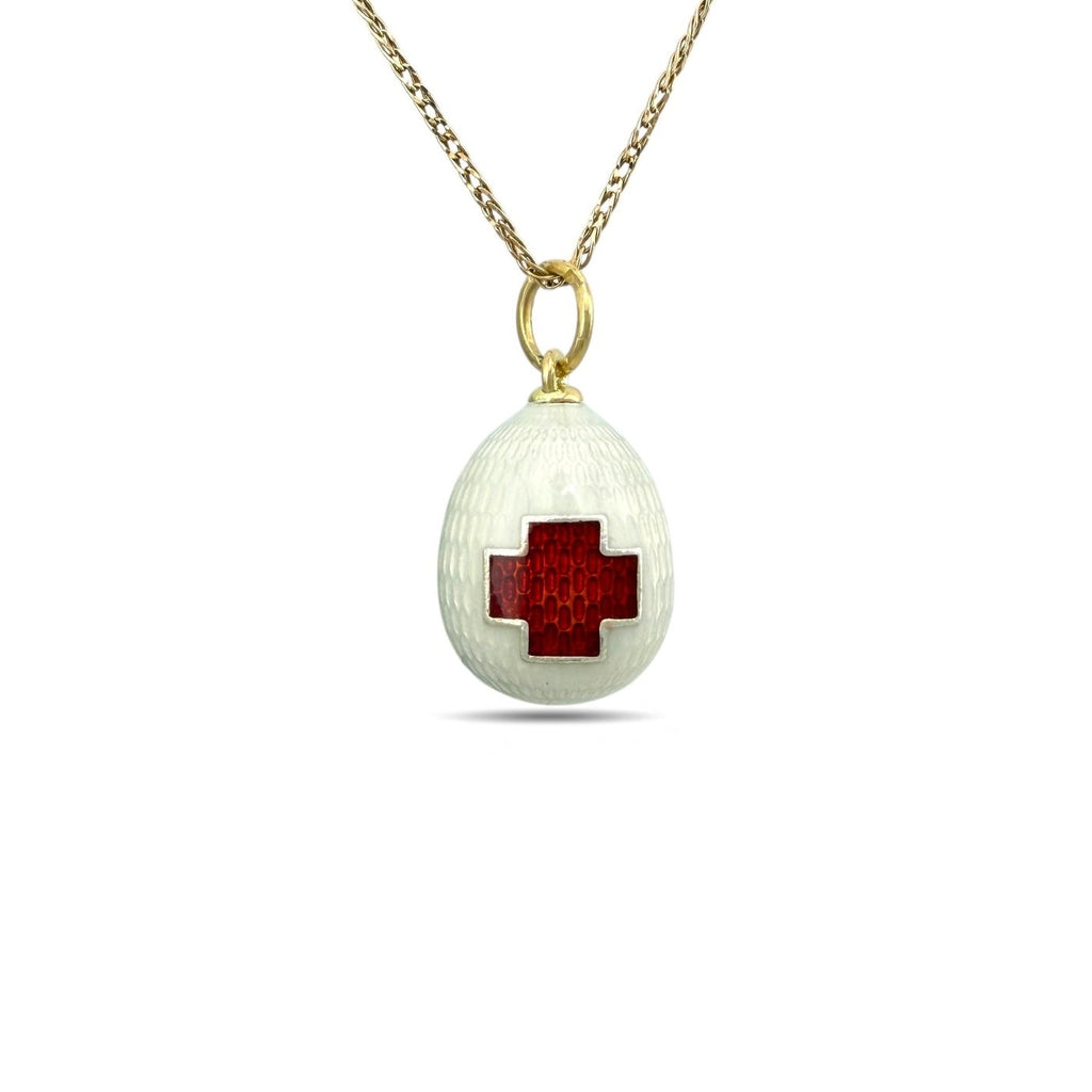 Imperial Russian 56K Yellow Gold White & Red Enamel Cross Egg Pendant