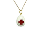 Imperial Russian 56K Yellow Gold White & Red Enamel Cross Egg Pendant