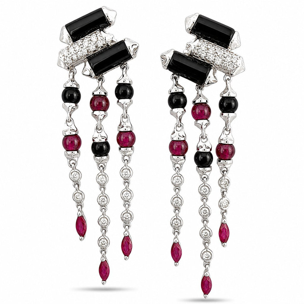 White gold dangle earrings with black and ruby beads and diamond accents