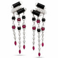 White gold dangle earrings with black and ruby beads and diamond accents