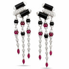 White gold dangle earrings with black and ruby beads and diamond accents