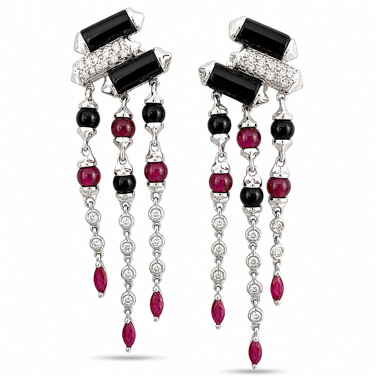 White gold dangle earrings with black and ruby beads and diamond accents