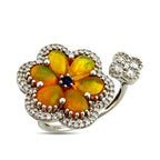 14K White Gold 1.43ct Opal, Sapphire and 0.32ct Diamond Flower Bypass Ring
