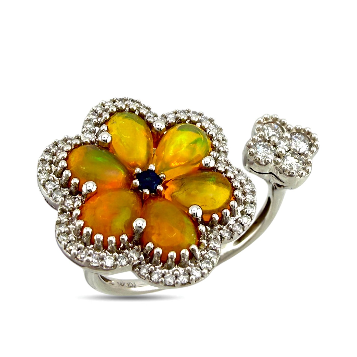 14K White Gold 1.43ct Opal, Sapphire and 0.32ct Diamond Flower Bypass Ring