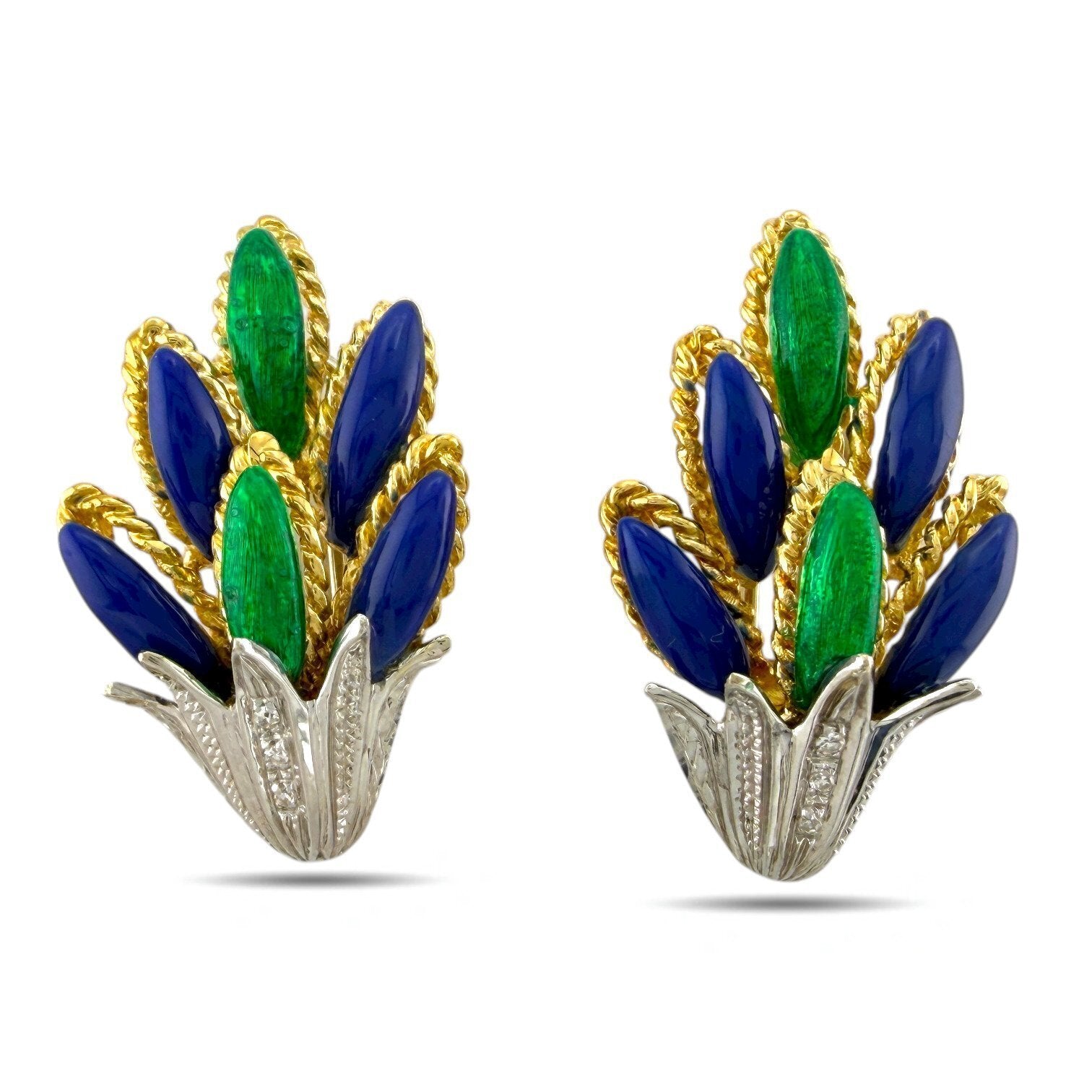 18K Yellow and White Gold Blue and Green Enamel Diamond Earrings