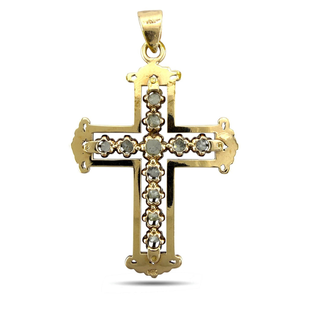 14K Yellow Gold Antique 1ct Diamond Cross Pendant