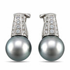 White gold clip-on earrings with gray Tahitian pearls and diamond-set rectangular frames
