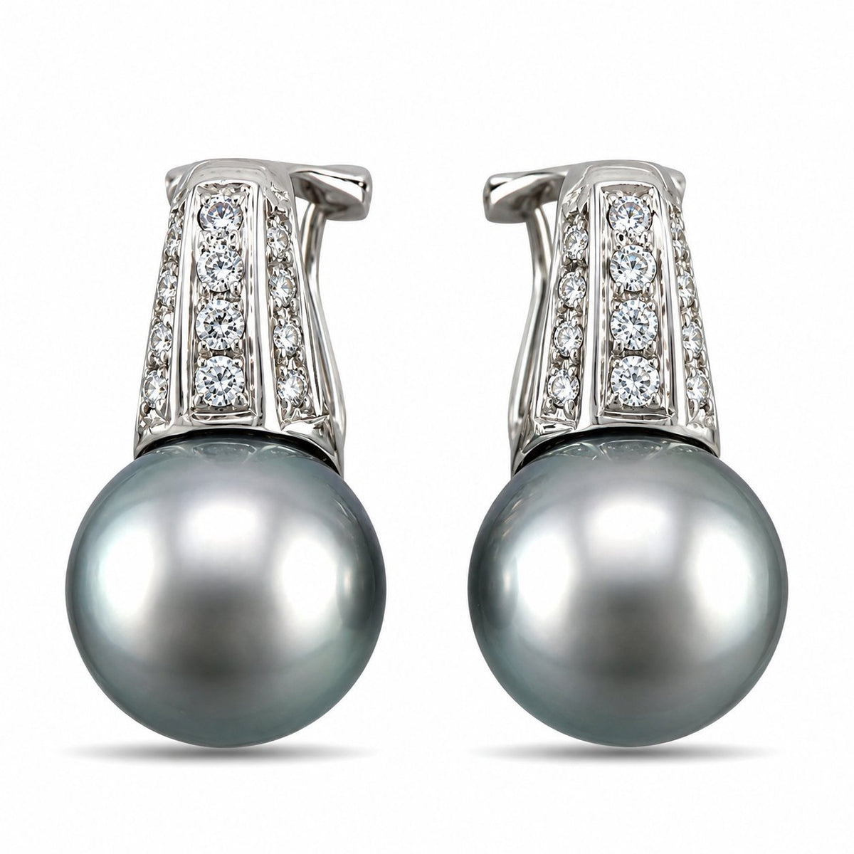 White gold clip-on earrings with gray Tahitian pearls and diamond-set rectangular frames