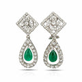 Front view of white gold diamond and emerald teardrop dangle earrings