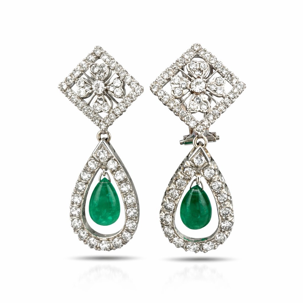 14K White Gold 2.85ct Diamond and Emerald Dangle Earrings