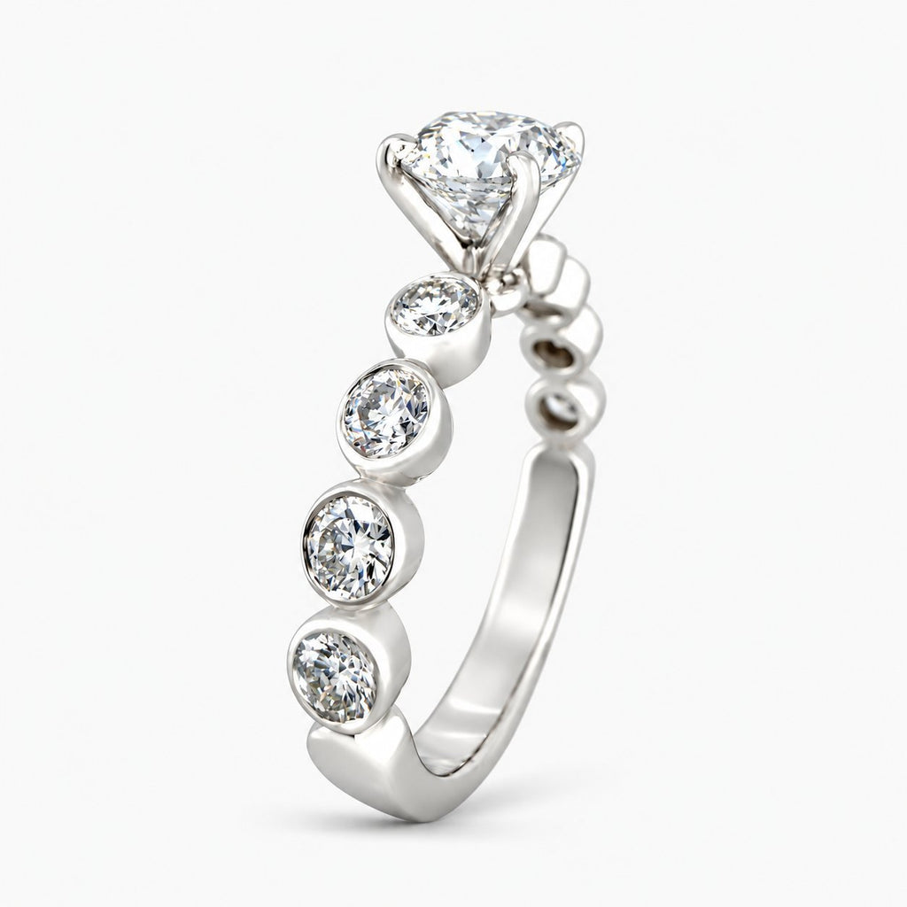 White gold diamond ring set with marquise center stone and round diamonds on band