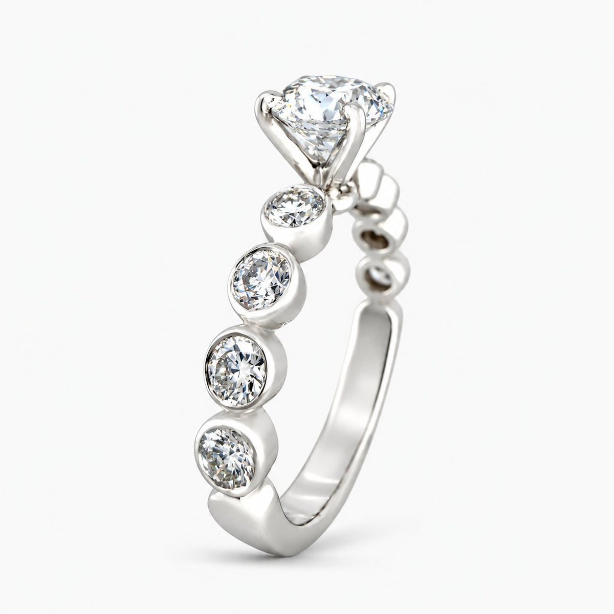 White gold diamond ring set with marquise center stone and round diamonds on band