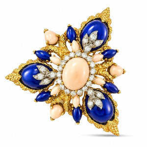 La Triomphe Large 18K Two-Tone Gold 2.00ct Diamond Lapis Coral & Enamel Brooch