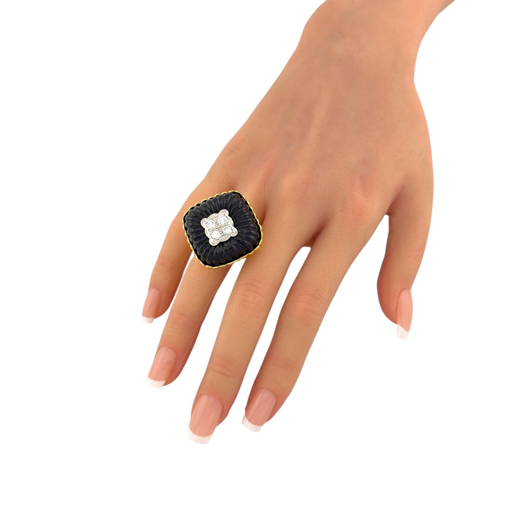 14K Yellow Gold 0.4ct Diamond and Onyx Statement Ring