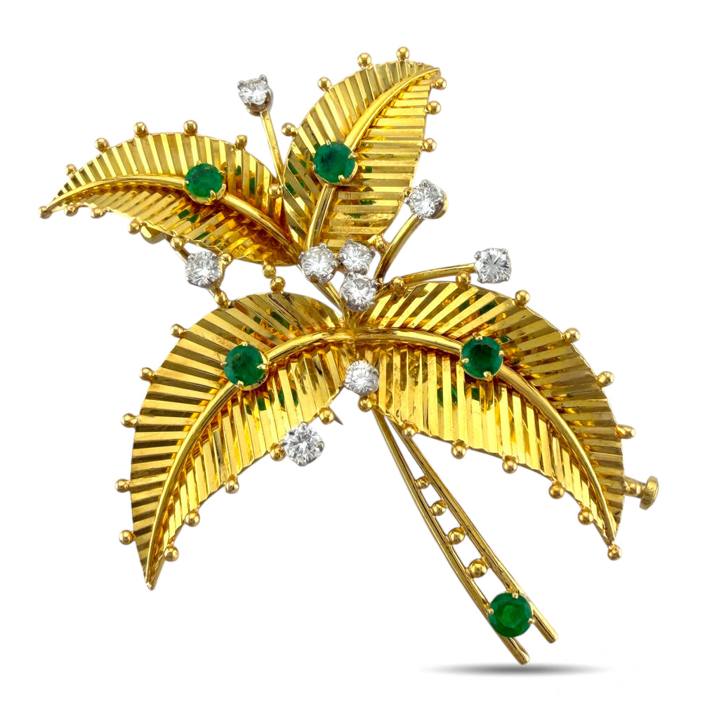 Cartier 18K Yellow Gold 0.9ct Diamond and 0.9ct Emerald Palm Flower Brooch