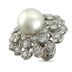 18K White Gold Pearl and 4ct Diamond Circular Cocktail Ring