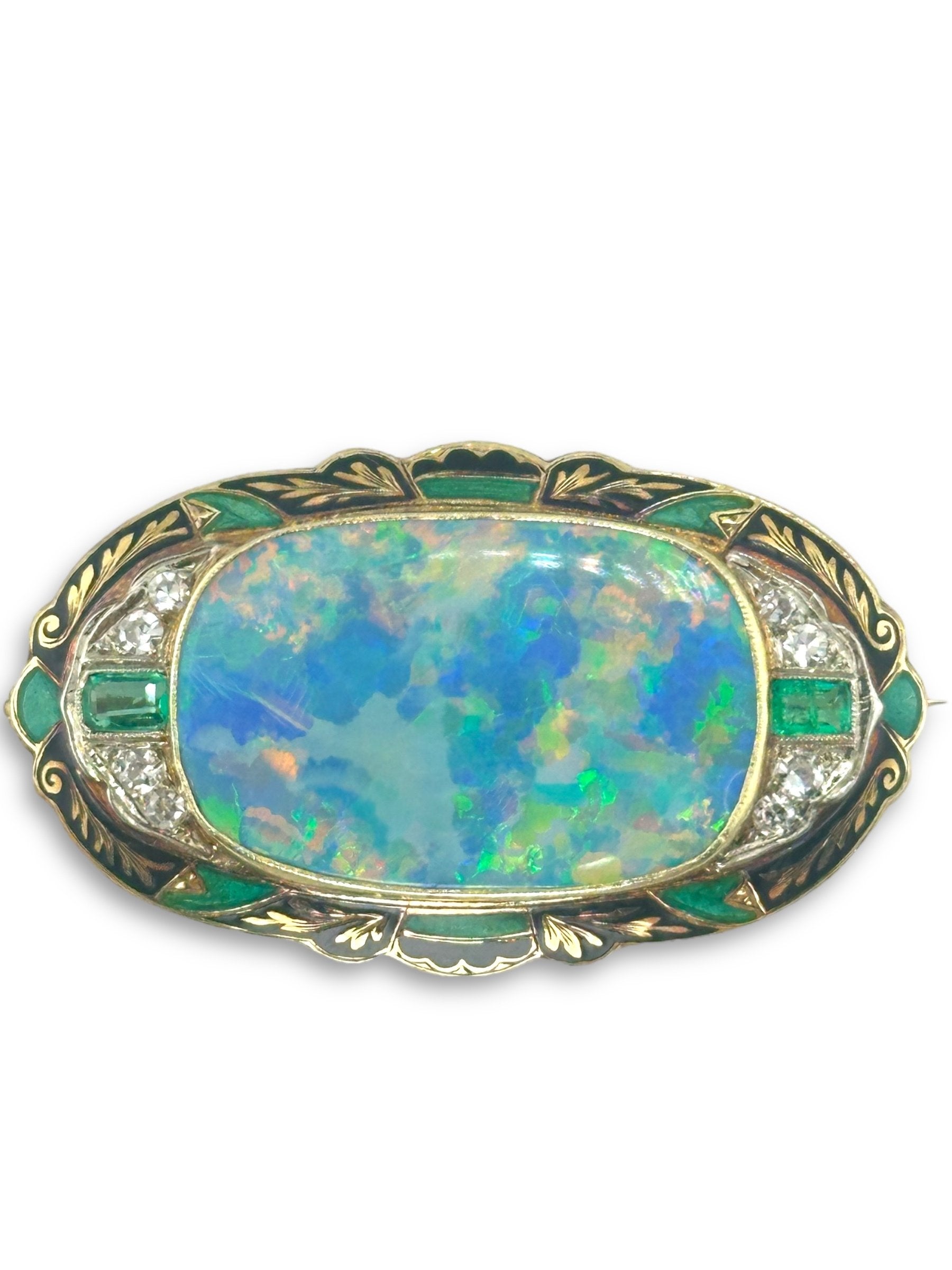 Antique 14K Yellow Gold Large Black Opal Brooch with Diamonds and Emeralds