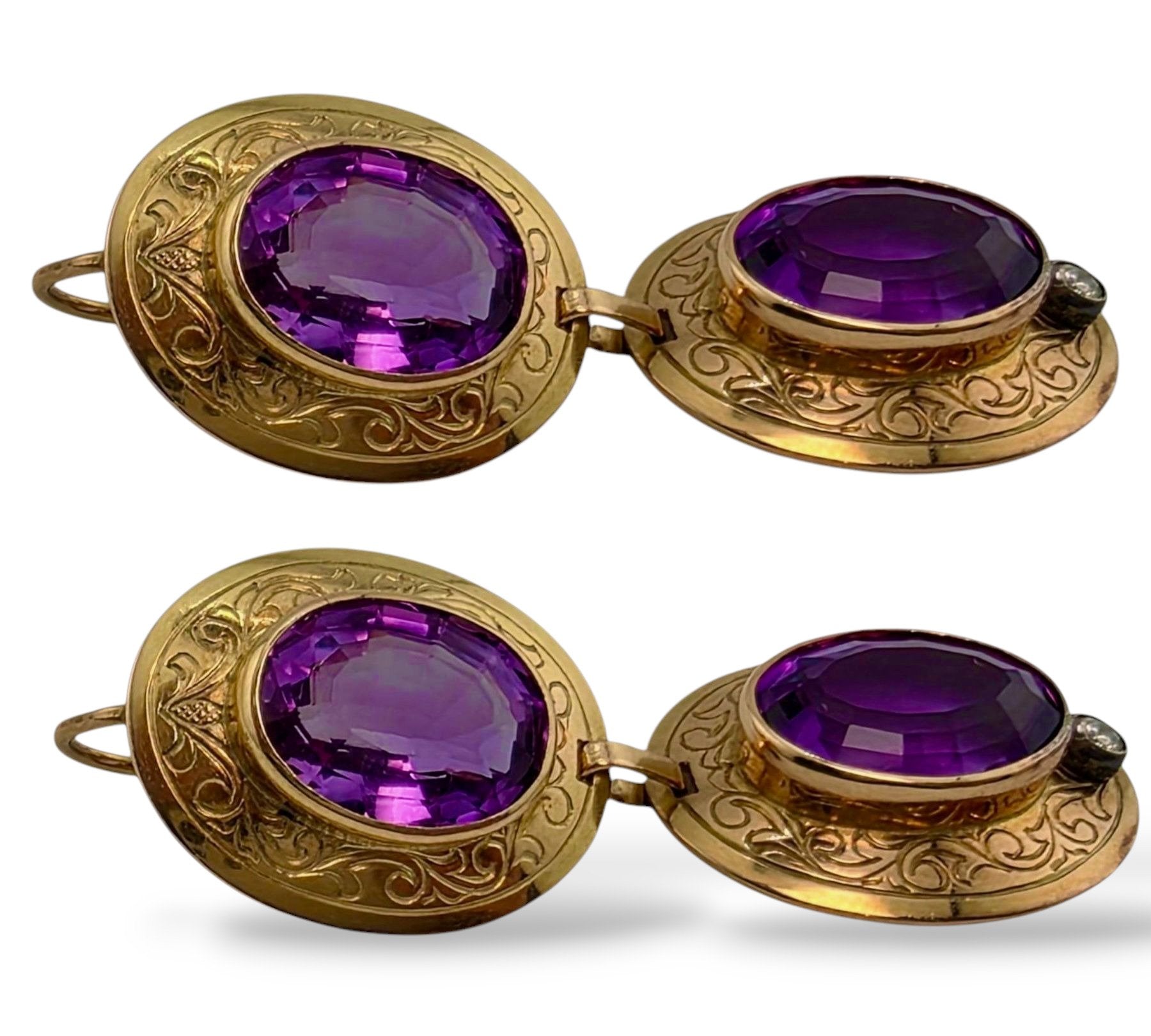 14K Gold Antique Diamond and Regal Amethyst Oval Earrings