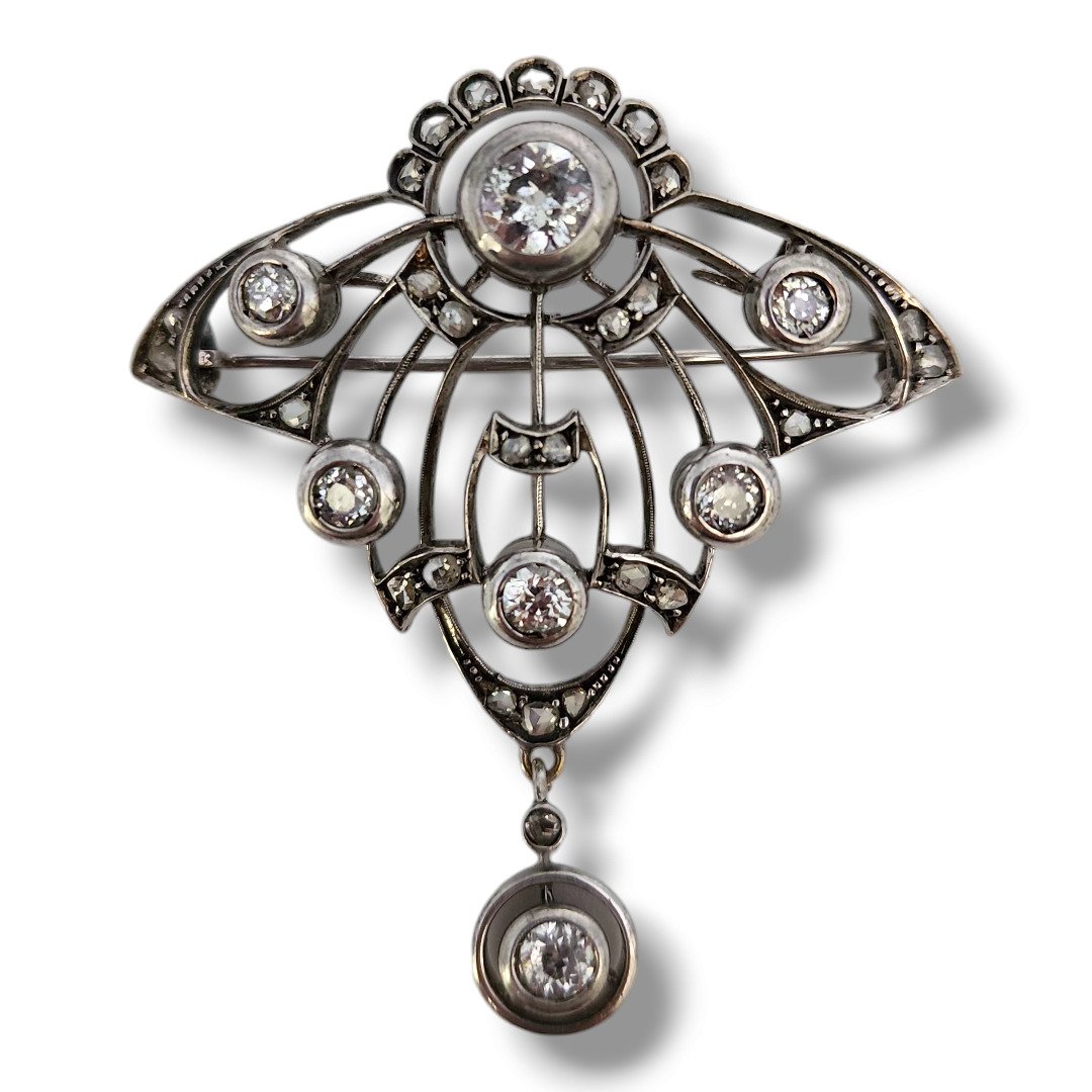 14 kt. White gold,  19th Century Antique Gold and Diamonds Women's Brooch, 2.56 Ct -  2.56ct. tw. Diamond