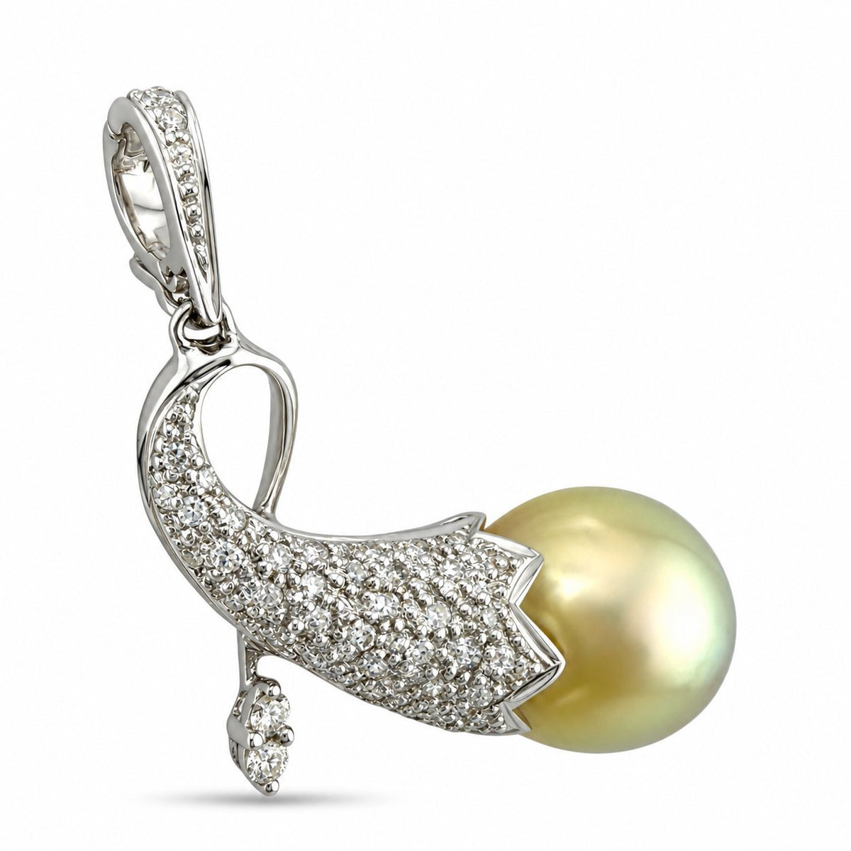Diamond and pearl Viking horn brooch, curved horn with hanging teardrop detail