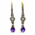 Gold drop earrings with amethyst teardrop and diamond cluster accents