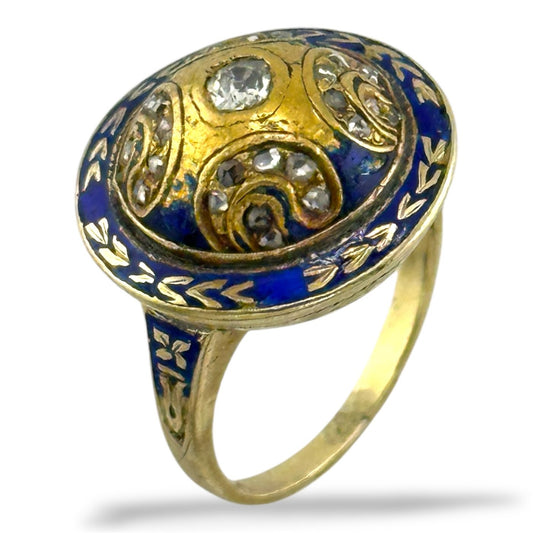 14K Yellow Gold and Enamel Ring with Diamonds