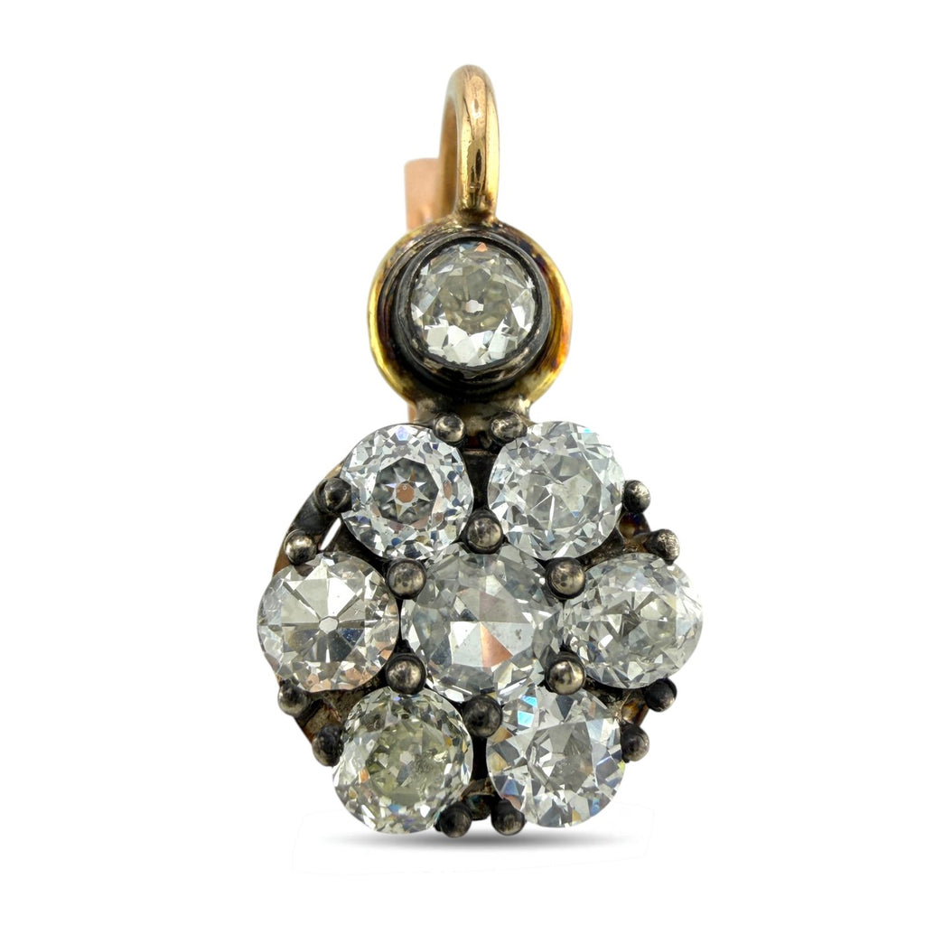 Rose gold diamond cluster drop earring with round stones and blackened prongs.