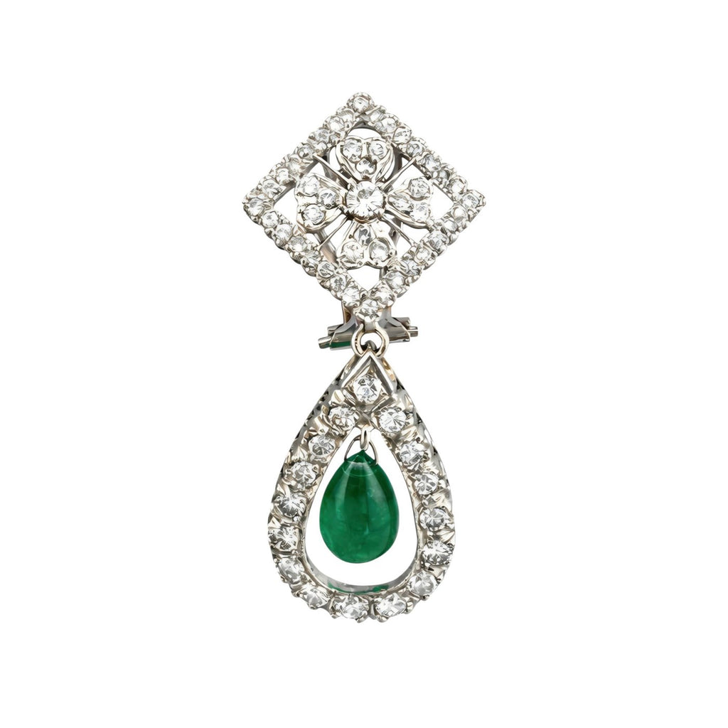 14K White Gold 2.85ct Diamond and Emerald Dangle Earrings