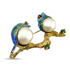18K Yellow Gold Enamel Pearl Ruby and Emerald Bird Brooch