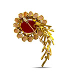 18K Yellow Gold Coral and 6.45ct Diamond Brooch and Earring Set