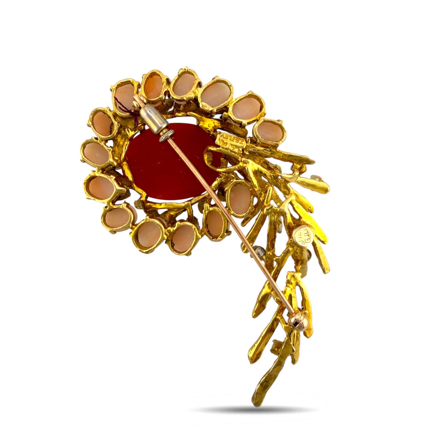 18K Yellow Gold Coral and 6.45ct Diamond Brooch and Earring Set