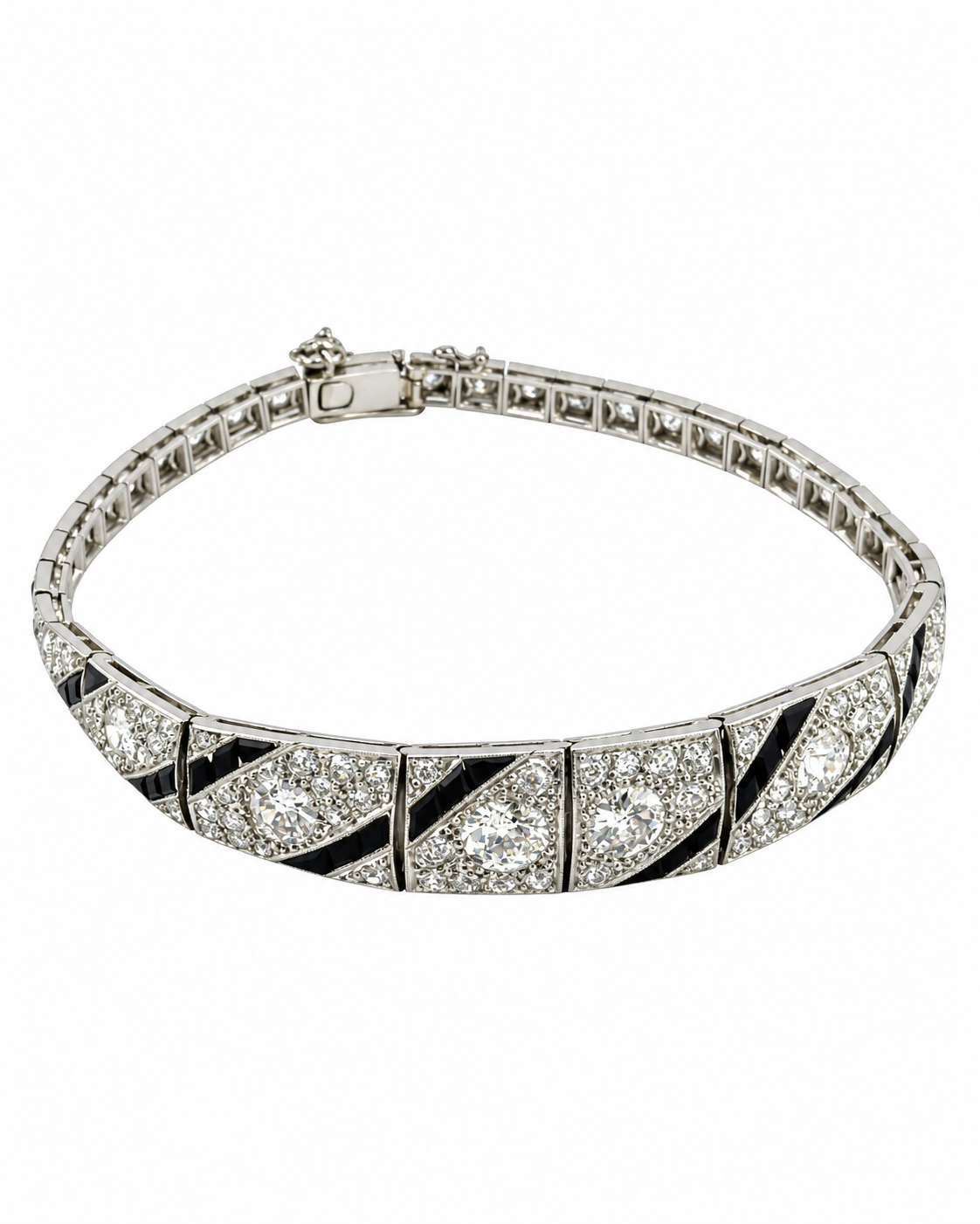 Art Deco 18K white gold diamond bracelet with black enamel panels and clasp