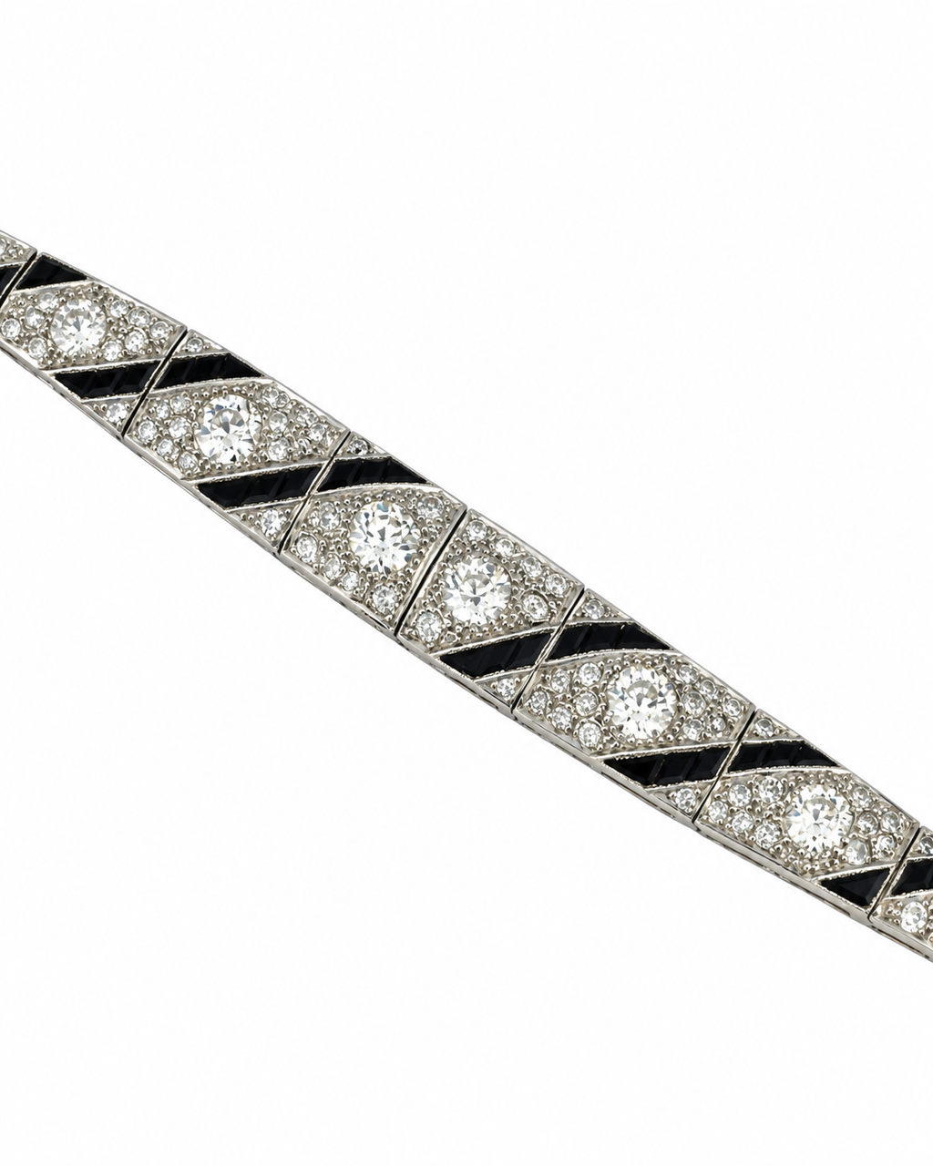 Art Deco 18K white gold diamond bracelet with prong-set round stones and black enamel
