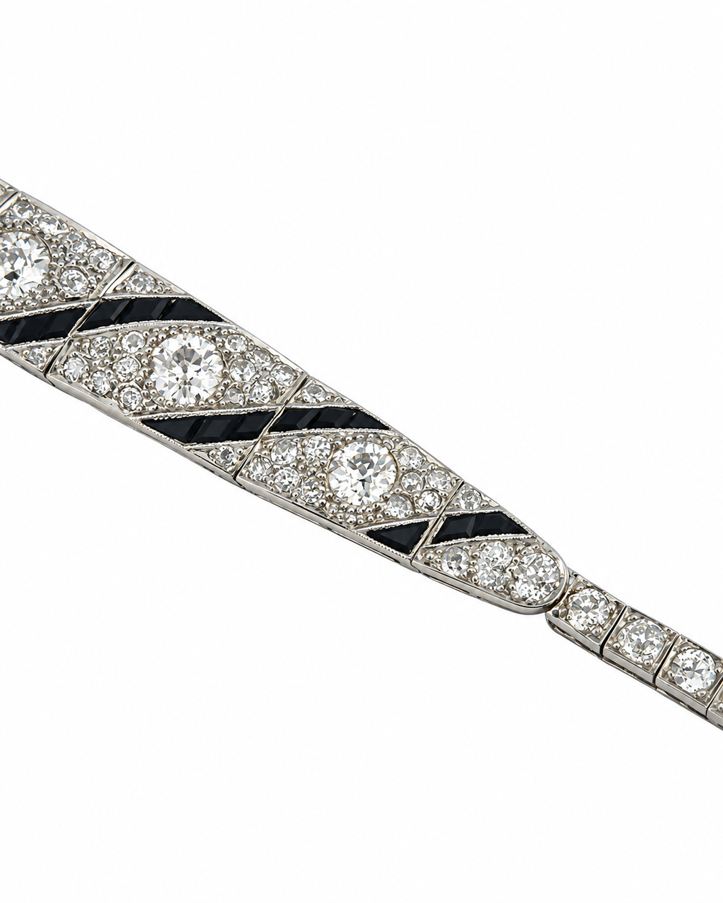 Art Deco 18K white gold diamond bracelet with black enamel geometric panels