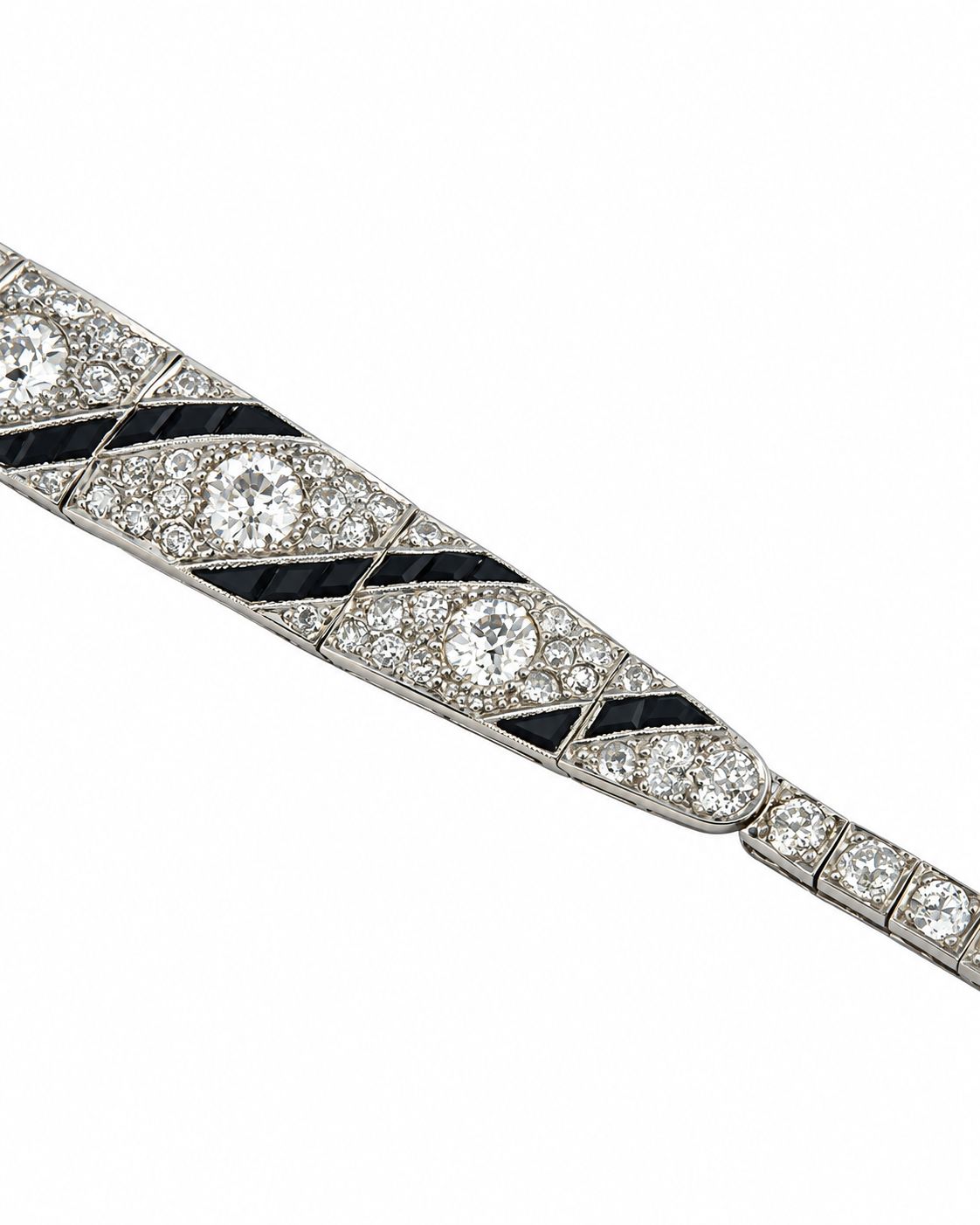 Art Deco 18K white gold diamond bracelet with black enamel geometric panels