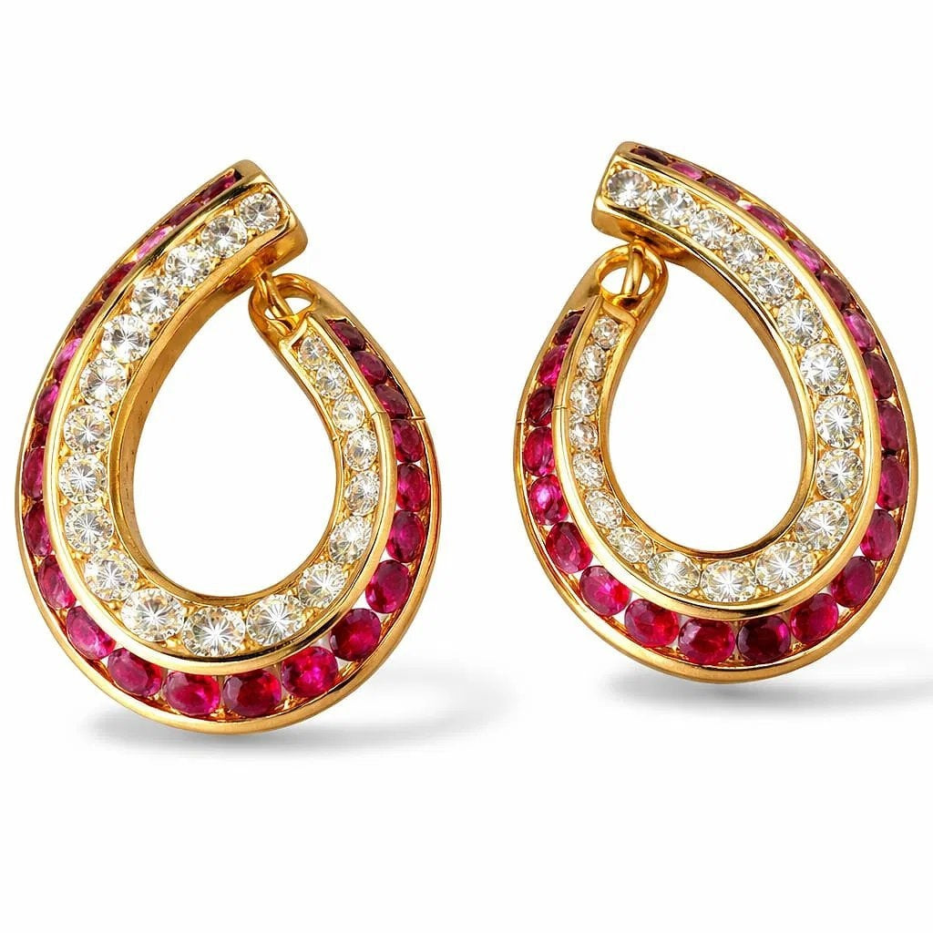 18K Yellow Gold Diamond and Ruby Large Earrings