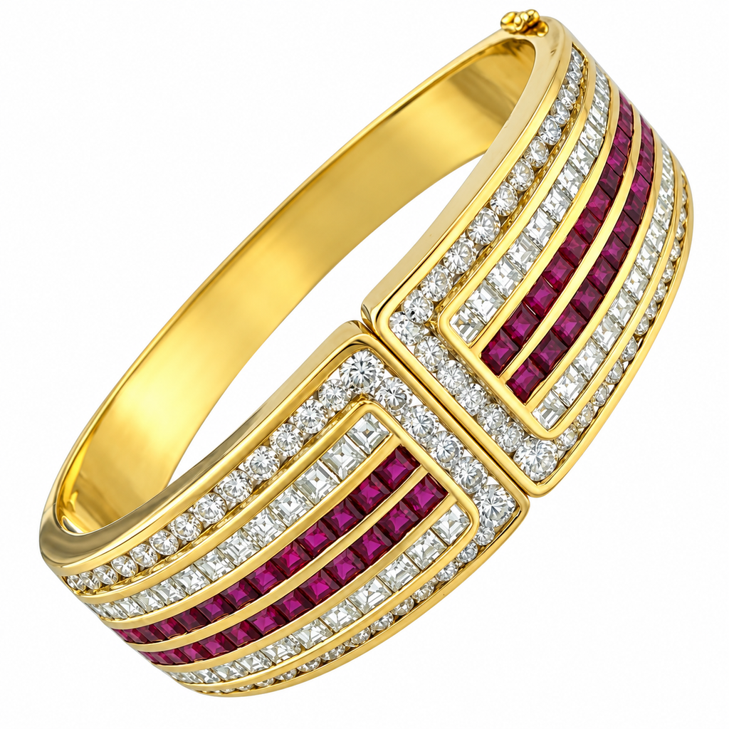 Gold hinged bracelet featuring ruby baguette and diamond rows in a scalloped bezel