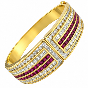 18K Yellow Gold 5.2ct Ruby and 7.02ct Diamond Hinged Bracelet