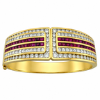 Hinged gold bracelet with two ruby-and-diamond bands and central openwork detail