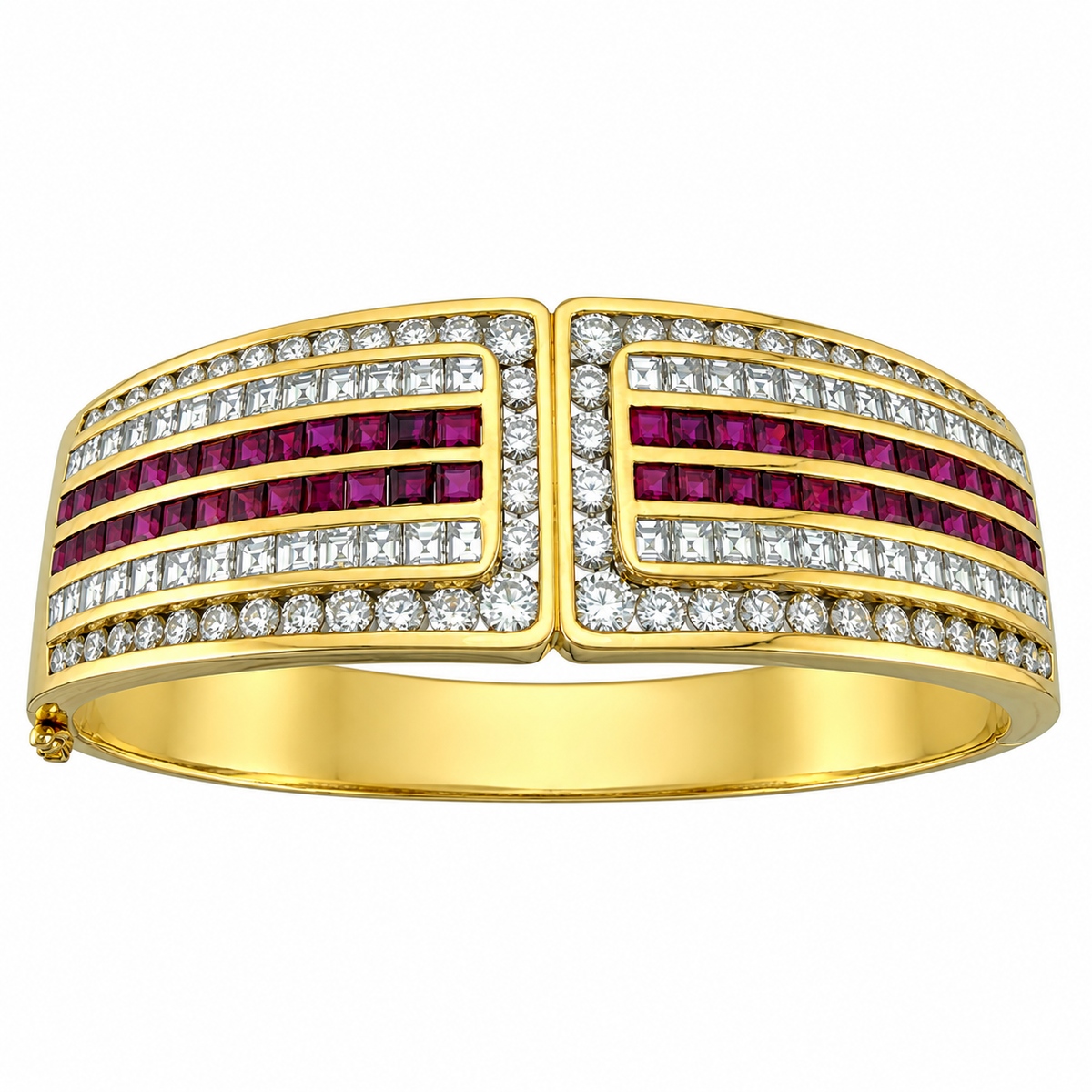 Hinged gold bracelet with two ruby-and-diamond bands and central openwork detail