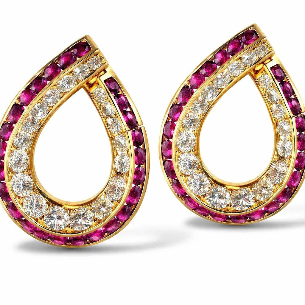 18K Yellow Gold Diamond and Ruby Large Earrings