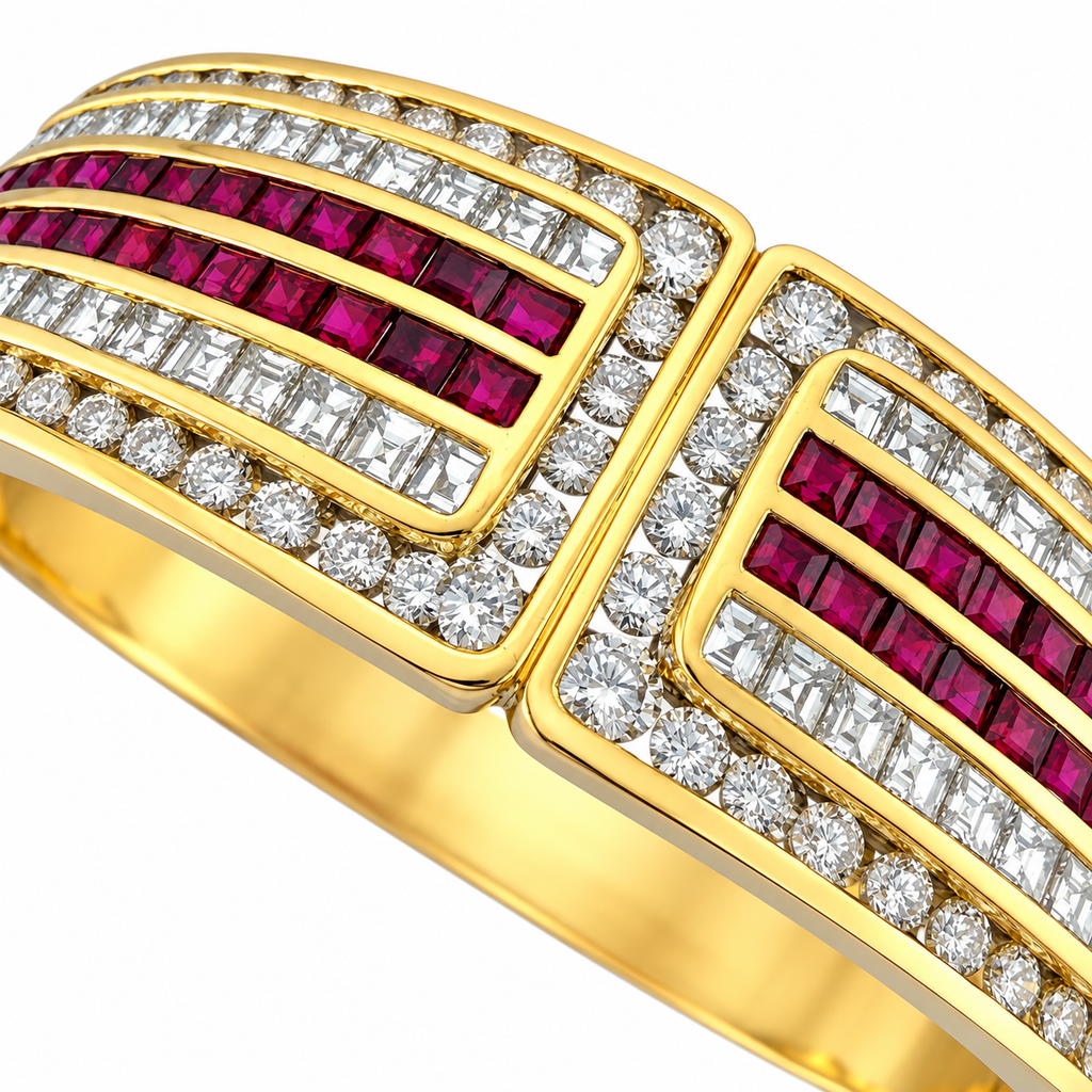 Hinged 18K yellow gold bracelet with ruby and diamond striped panels, gold frame