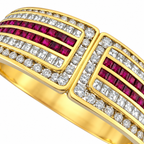 Hinged 18K yellow gold bracelet with ruby and diamond striped panels, gold frame