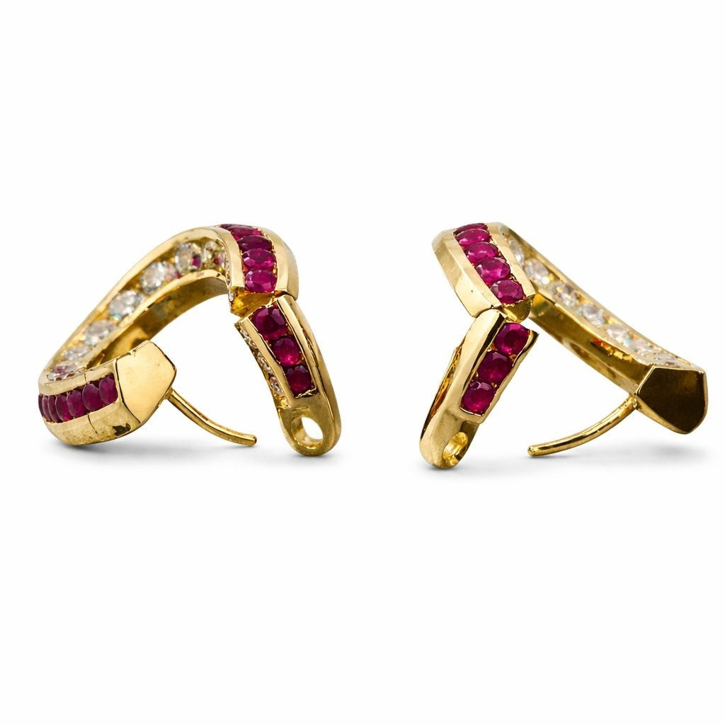 18K Yellow Gold Diamond and Ruby Large Earrings